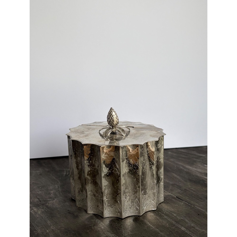Vintage Silver Tone Pineapple Finial Fluted Metal Canister Decorative Jar 5in